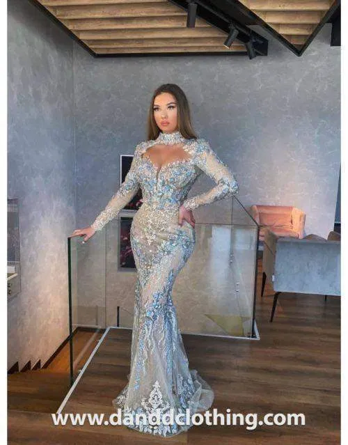Luxury Light Blue Evening Dress With Sheer