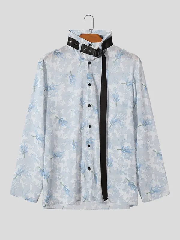 Mens Floral Print Buckle Design Chiffon Shirt SKUK46350