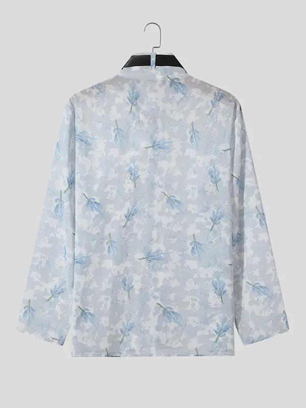Mens Floral Print Buckle Design Chiffon Shirt SKUK46350