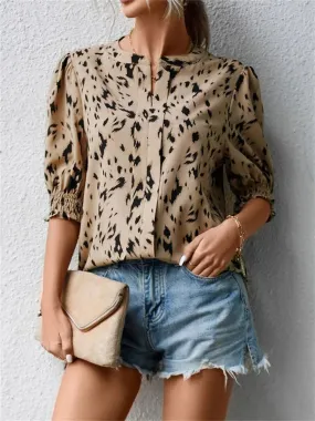 Neck Notched Embroidered Pattern Leopard Round Mid Casual Sleeve Blouse