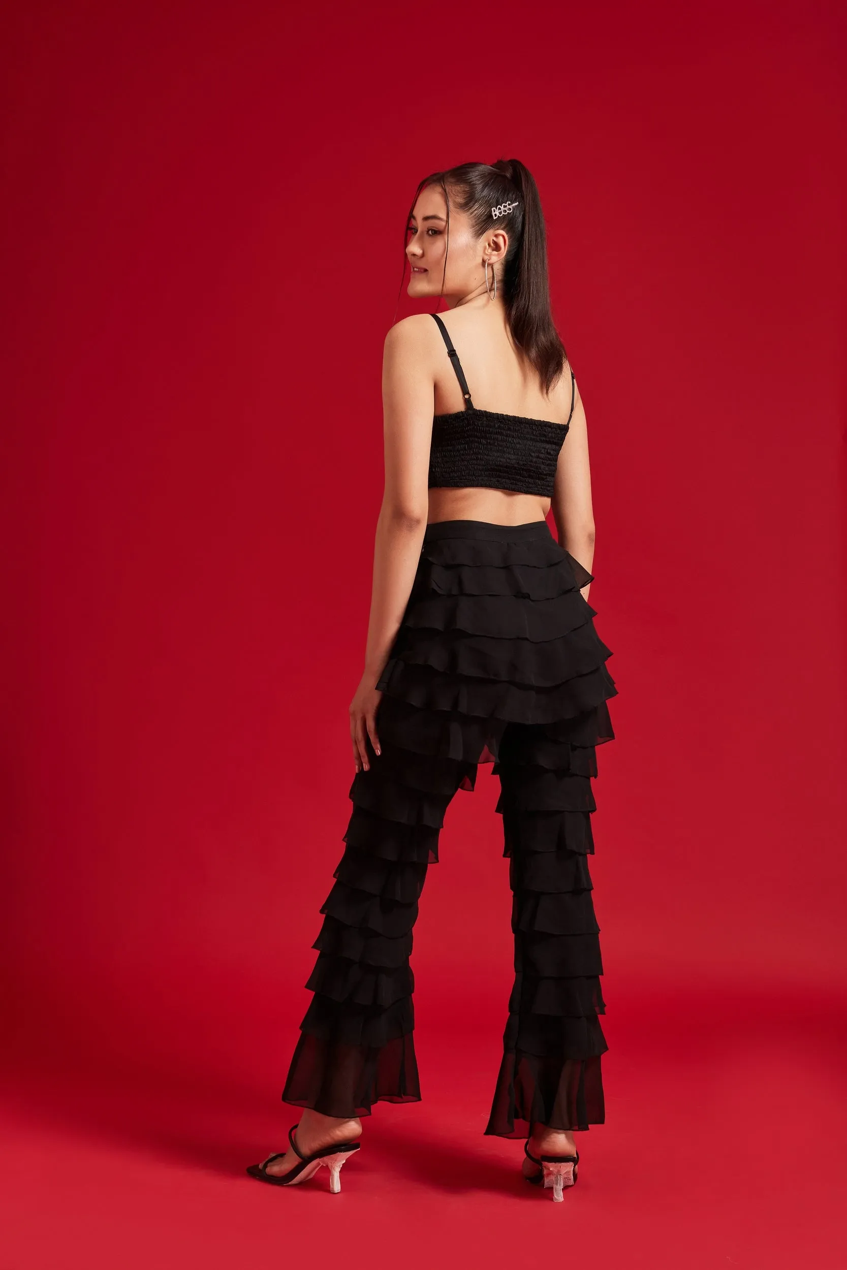 Pleated Top and Ruffles Pant Set