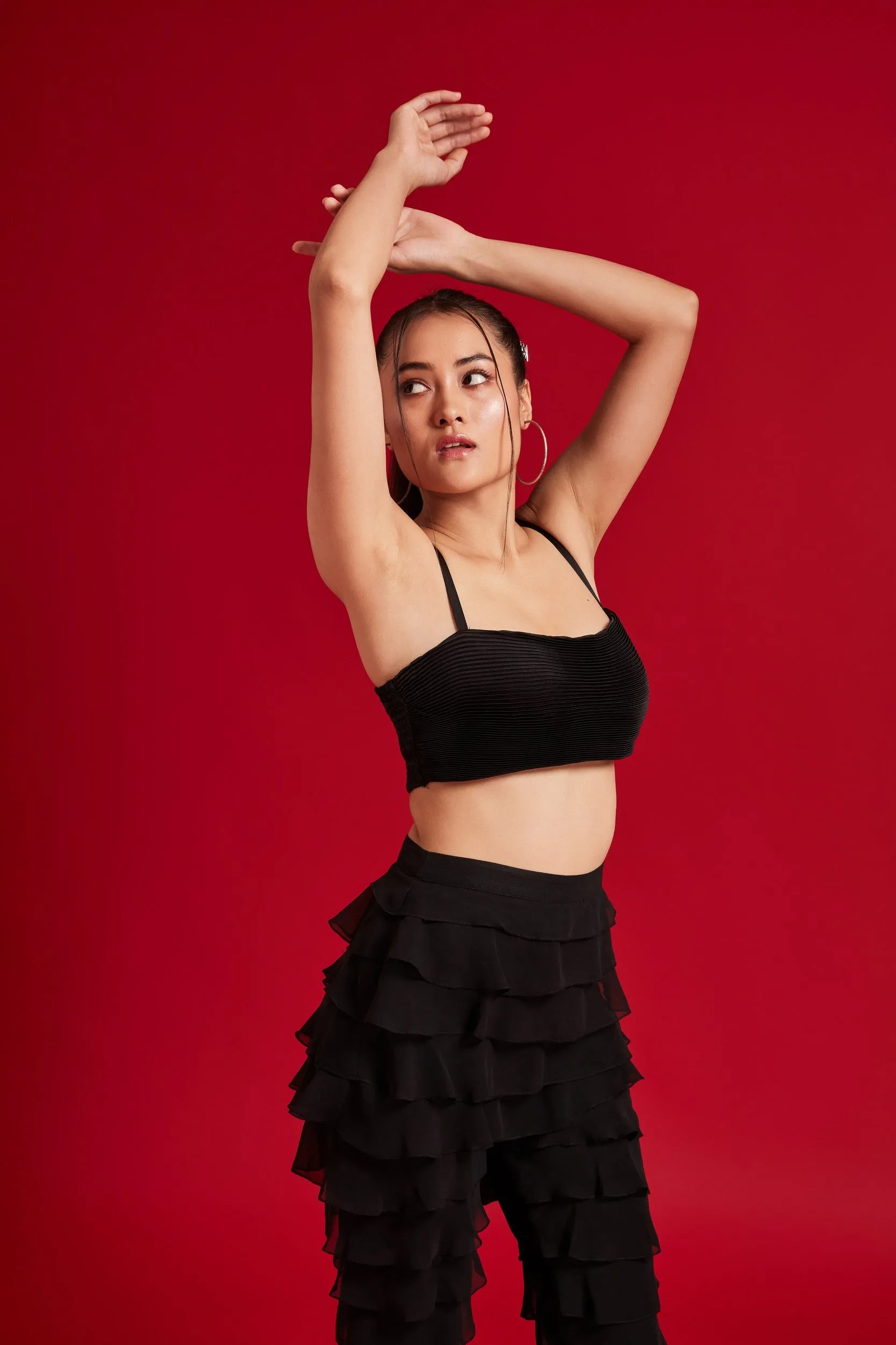 Pleated Top and Ruffles Pant Set
