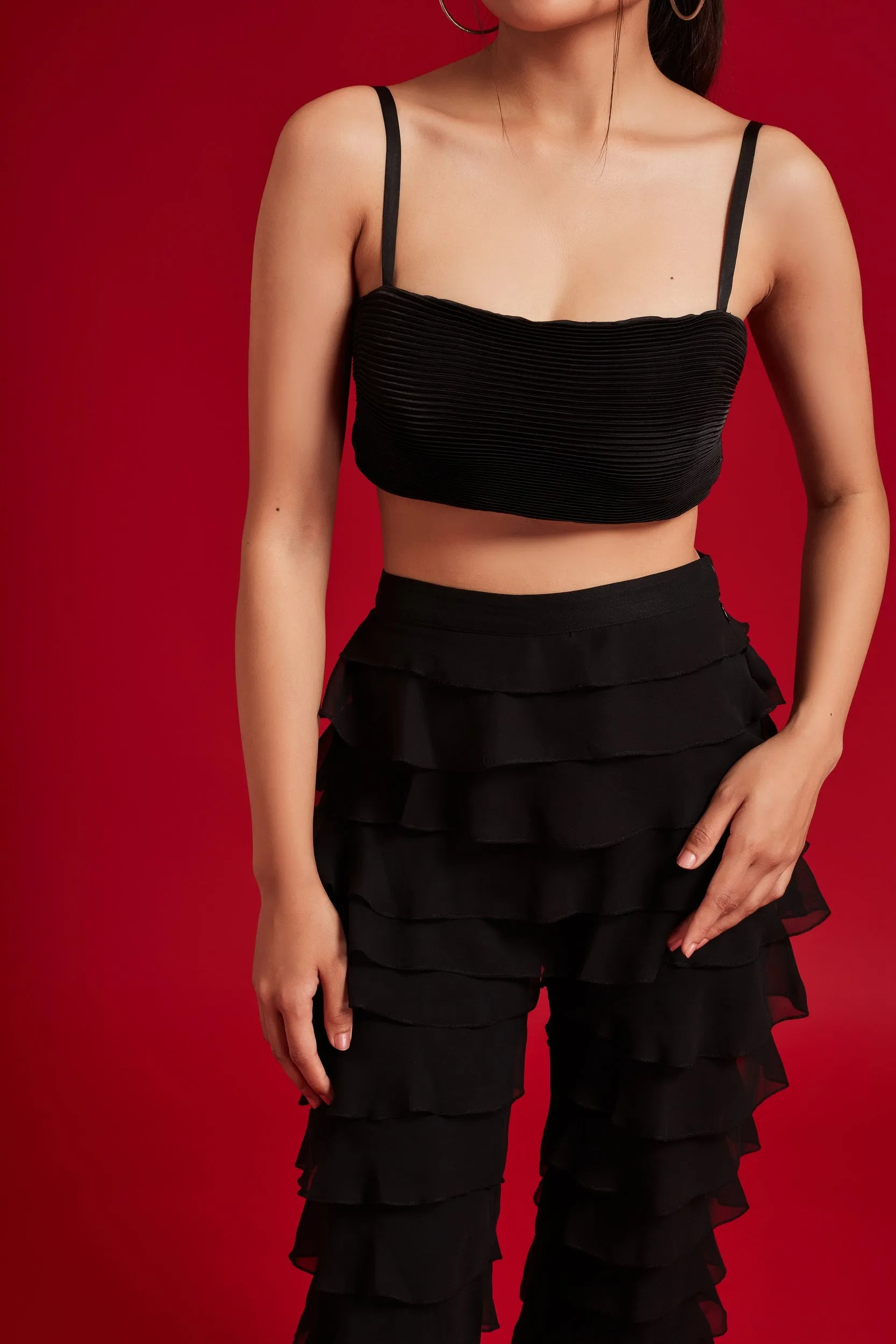 Pleated Top and Ruffles Pant Set