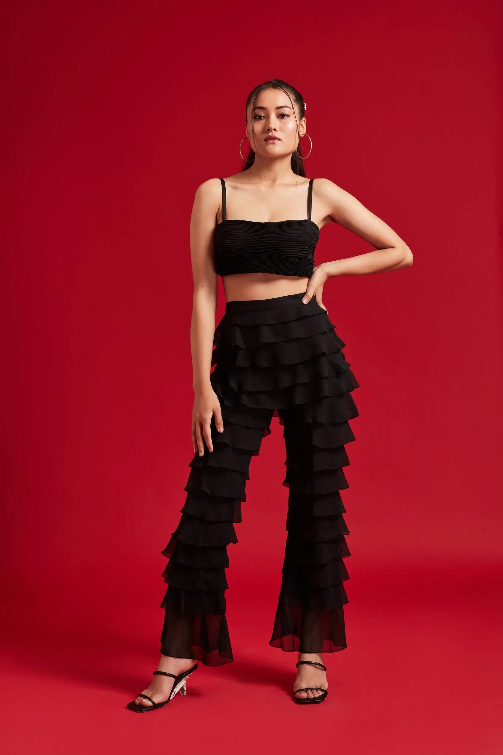 Pleated Top and Ruffles Pant Set