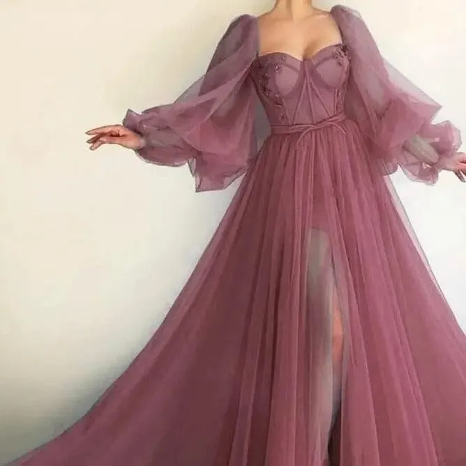 Puffy Sleeve Tulle Prom Dress