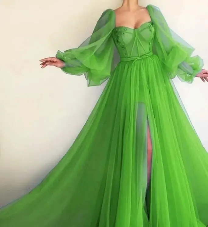 Puffy Sleeve Tulle Prom Dress