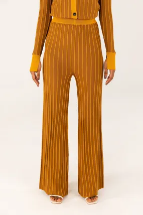 Ribbed Contrast Piping Wide Leg Pants - Brown