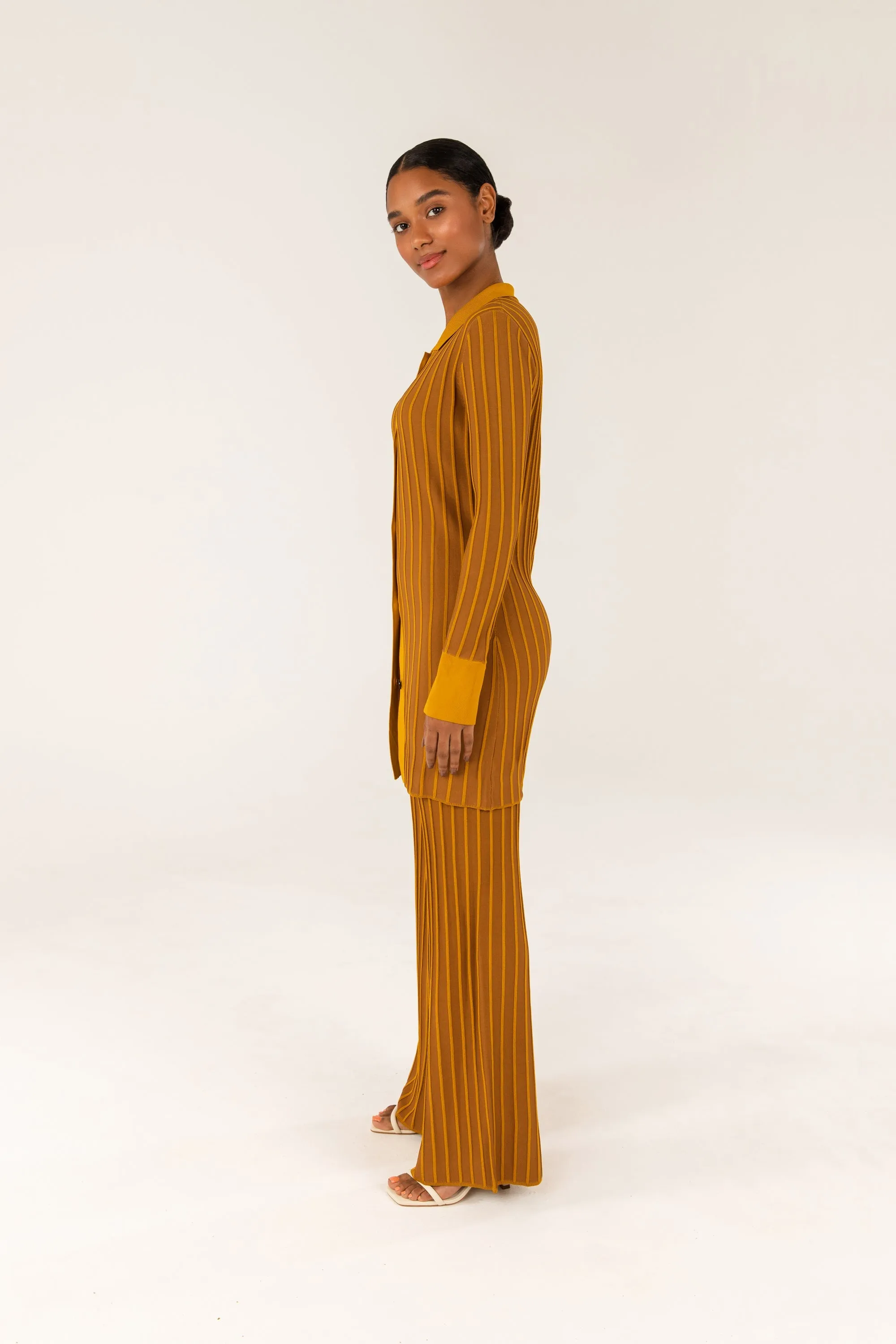 Ribbed Contrast Piping Wide Leg Pants - Brown