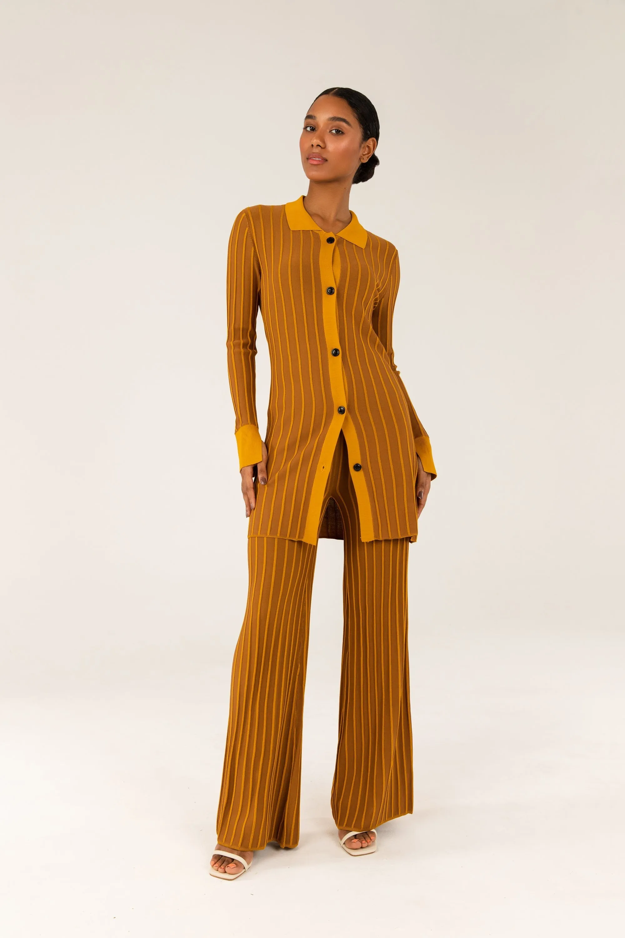 Ribbed Contrast Piping Wide Leg Pants - Brown