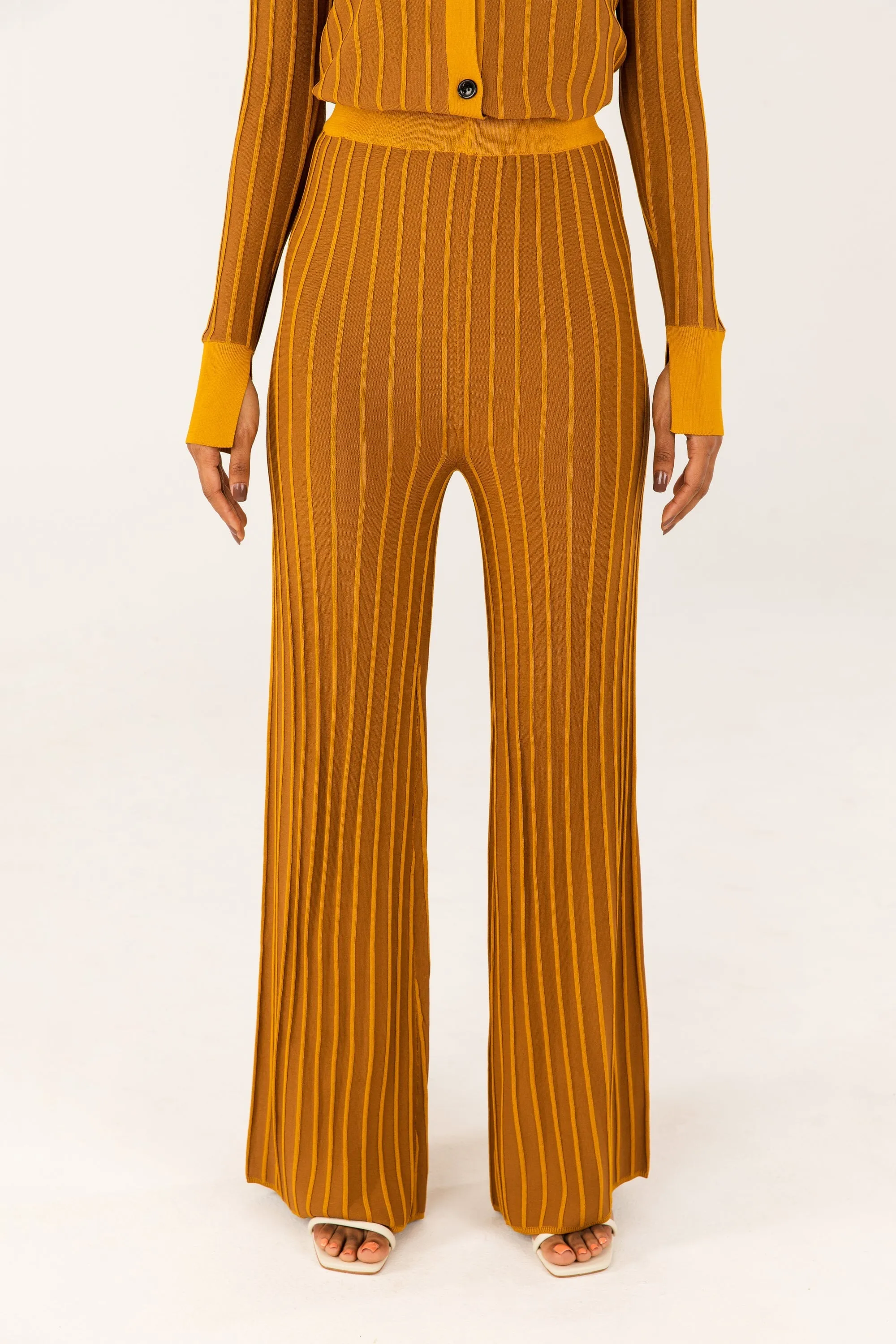 Ribbed Contrast Piping Wide Leg Pants - Brown
