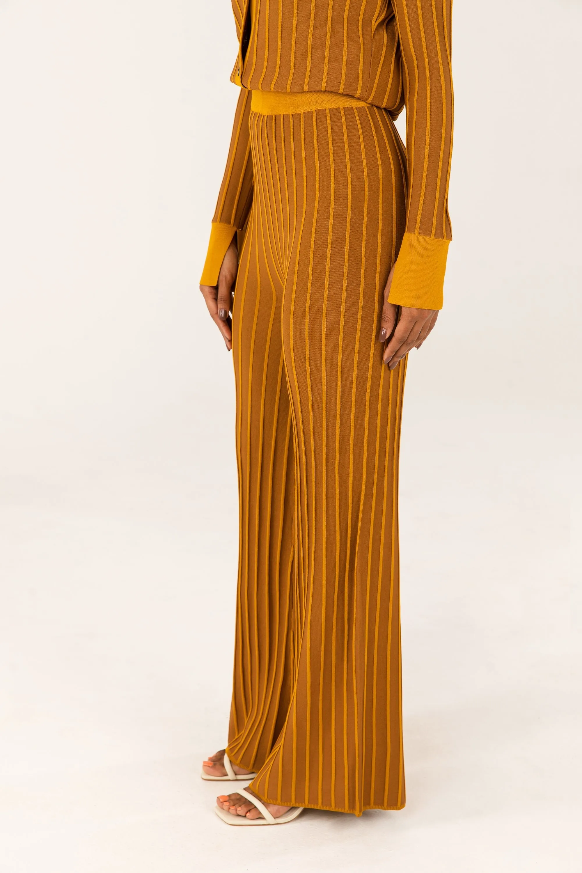 Ribbed Contrast Piping Wide Leg Pants - Brown