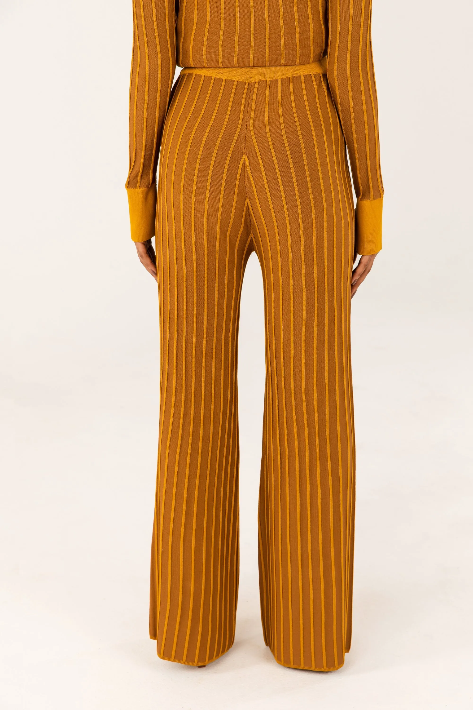 Ribbed Contrast Piping Wide Leg Pants - Brown