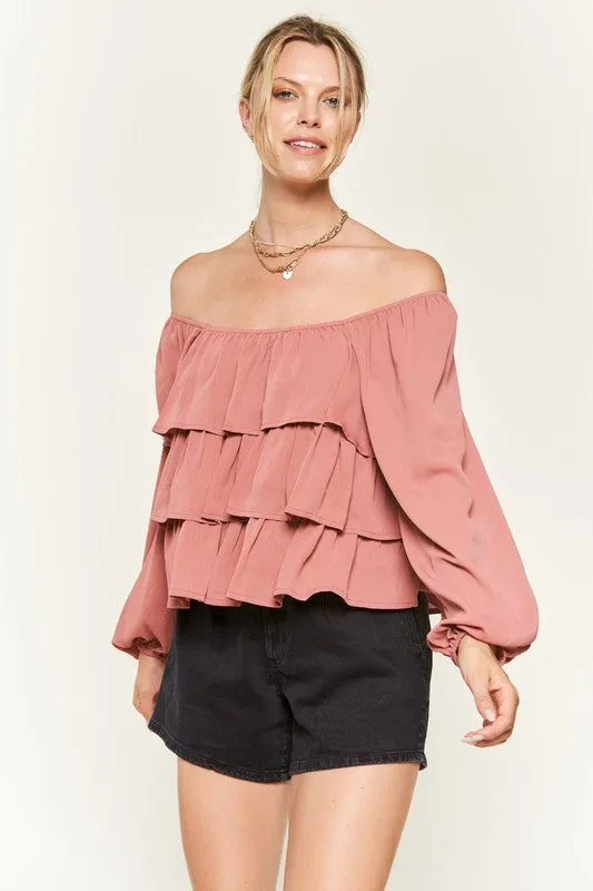 Romantic Off-Shoulder Tiered Flounce Blouse in Crinkled Chiffon