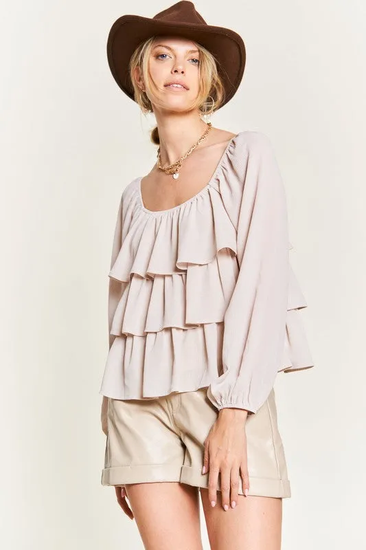 Romantic Off-Shoulder Tiered Flounce Blouse in Crinkled Chiffon