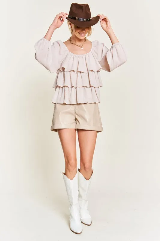 Romantic Off-Shoulder Tiered Flounce Blouse in Crinkled Chiffon