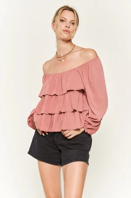 Romantic Off-Shoulder Tiered Flounce Blouse in Crinkled Chiffon