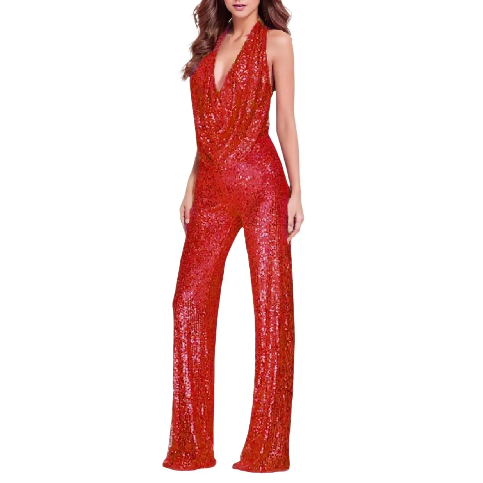 Sexy Club Halter Off Shoulder Backless Solid Color Jumpsuit