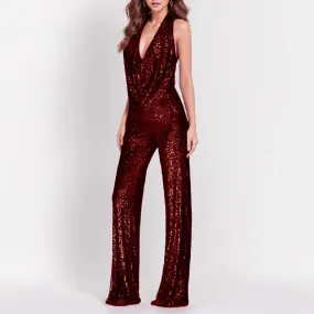 Sexy Club Halter Off Shoulder Backless Solid Color Jumpsuit
