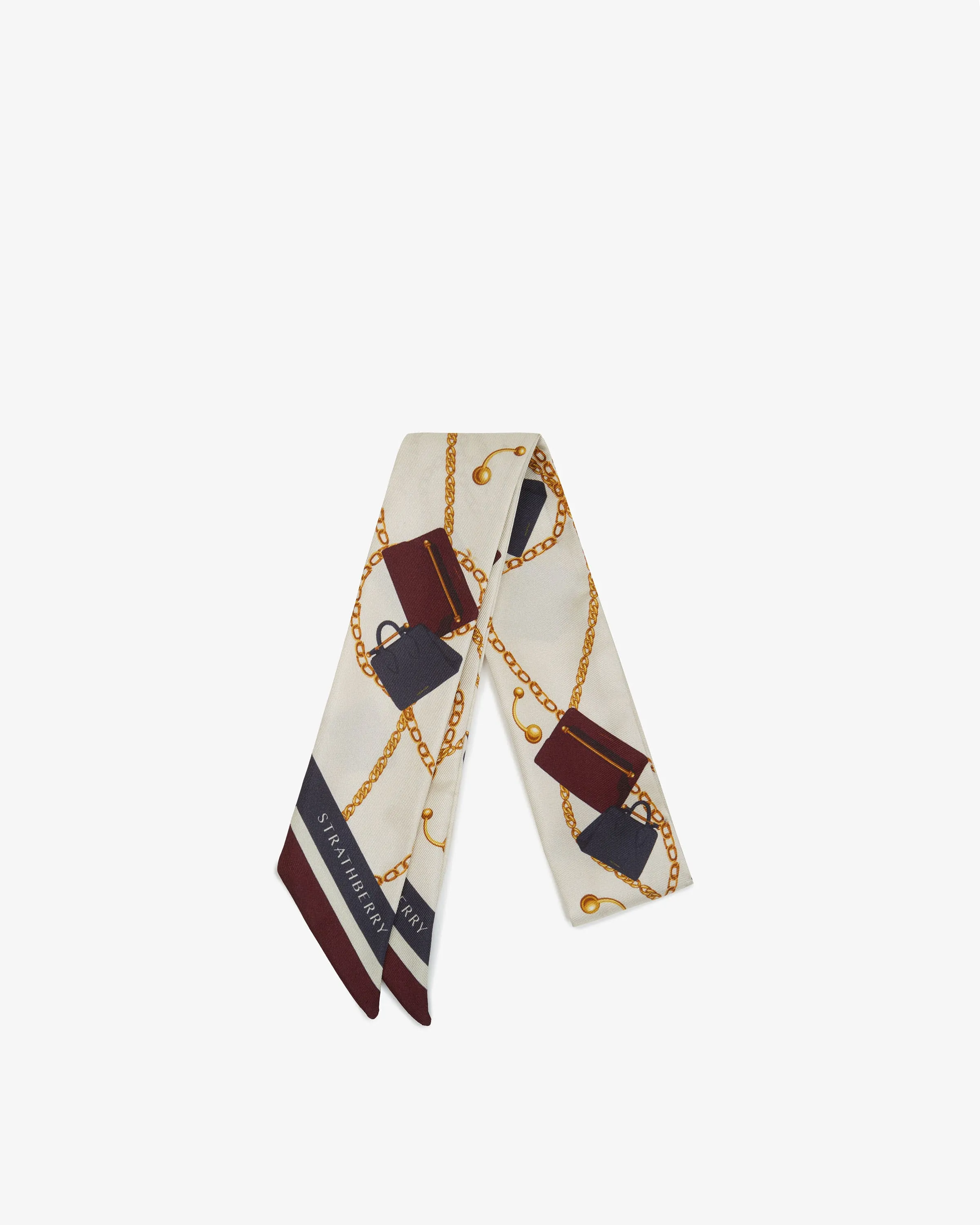 Silk Skinny Scarf - Bag & Chain Print Burgundy Mix