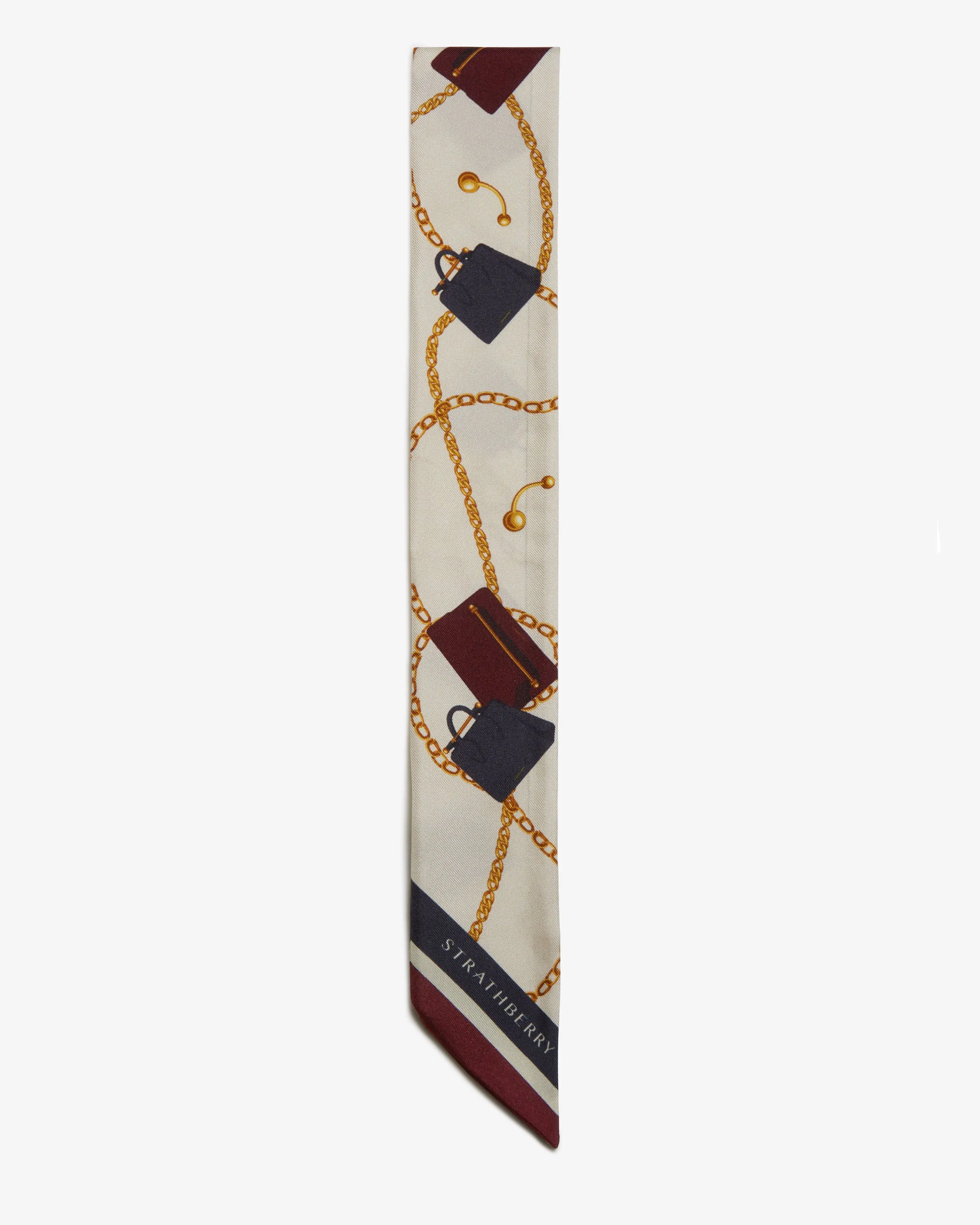 Silk Skinny Scarf - Bag & Chain Print Burgundy Mix