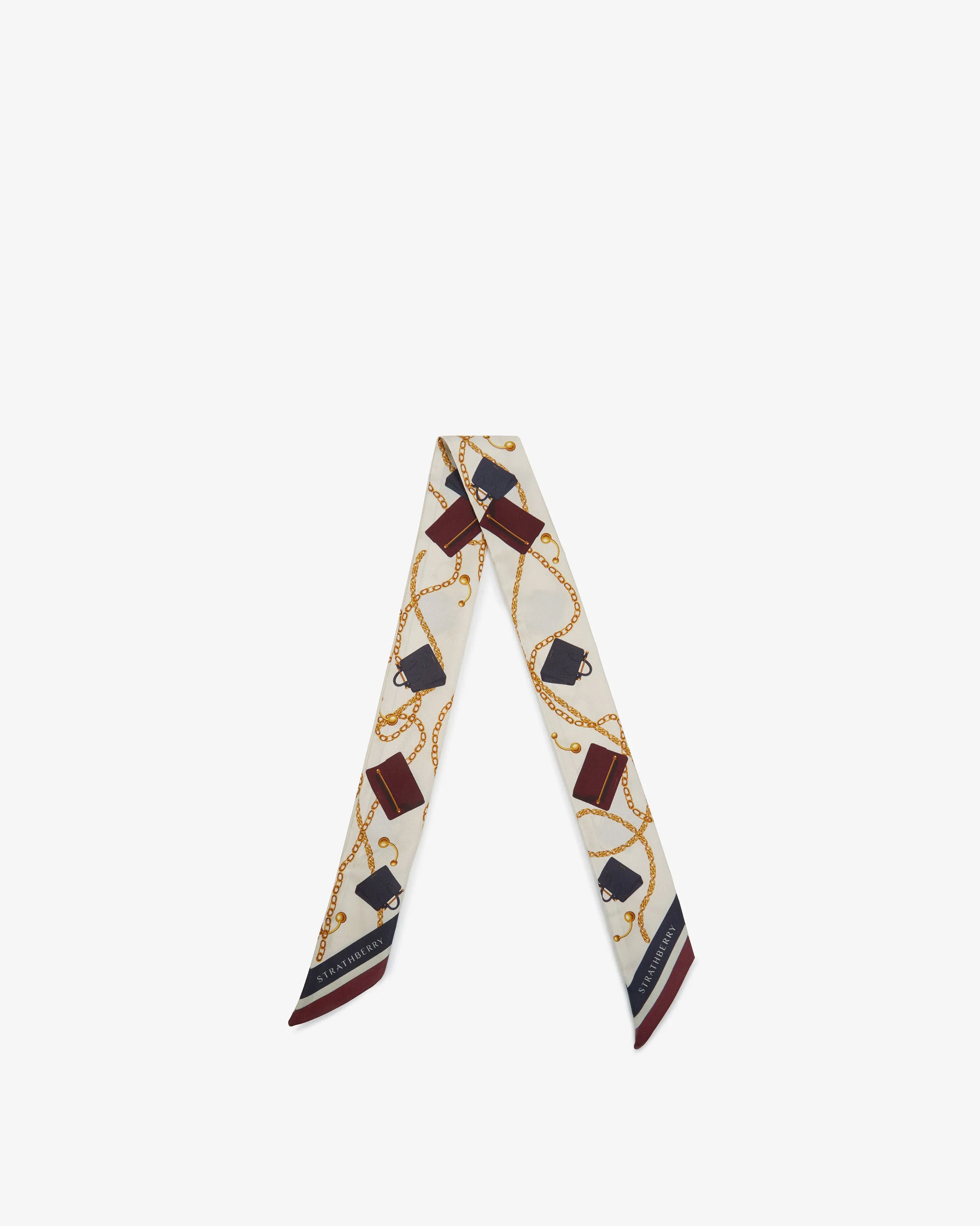 Silk Skinny Scarf - Bag & Chain Print Burgundy Mix