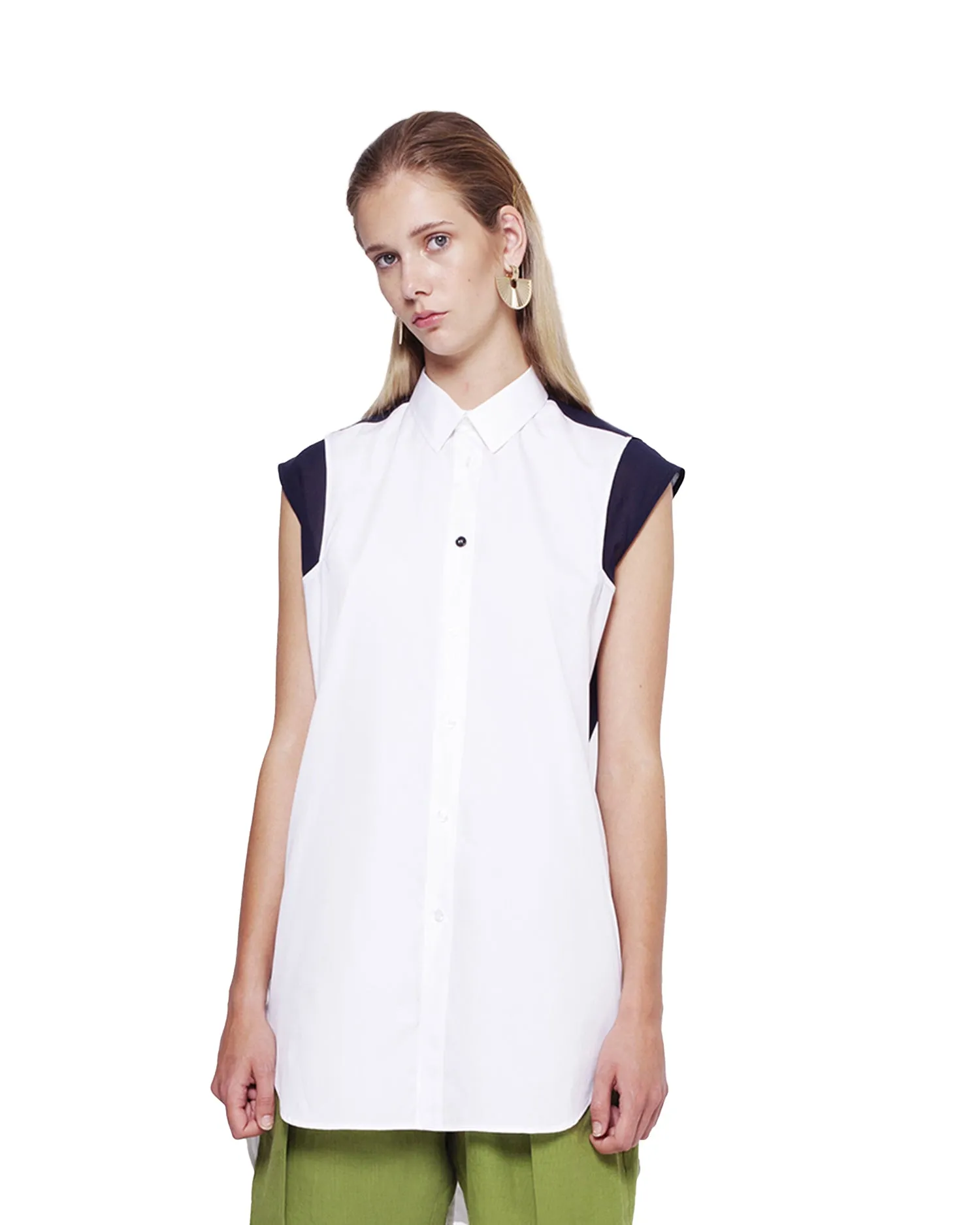 Sleeveless Shirt with Chiffon Detail - Navy