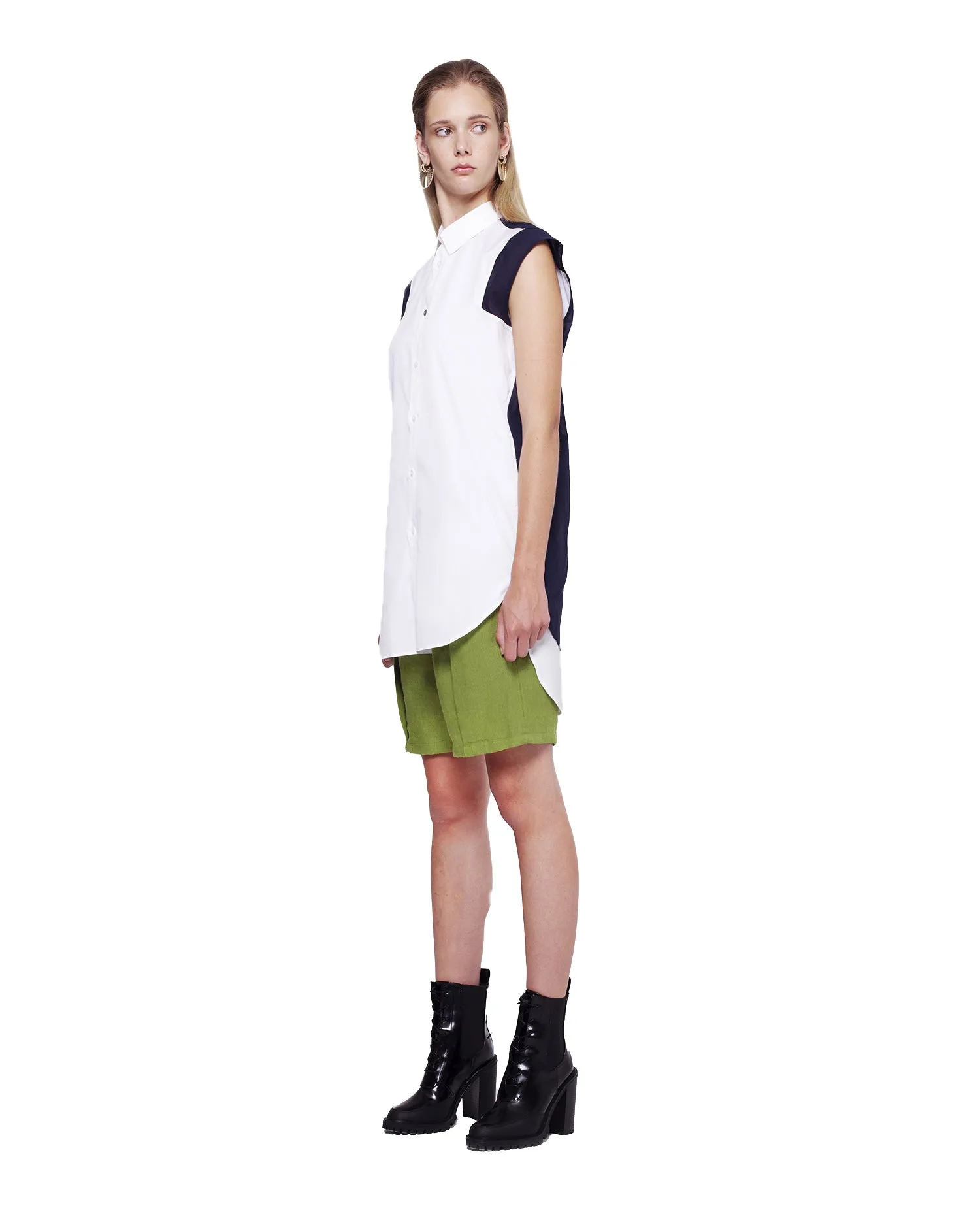 Sleeveless Shirt with Chiffon Detail - Navy
