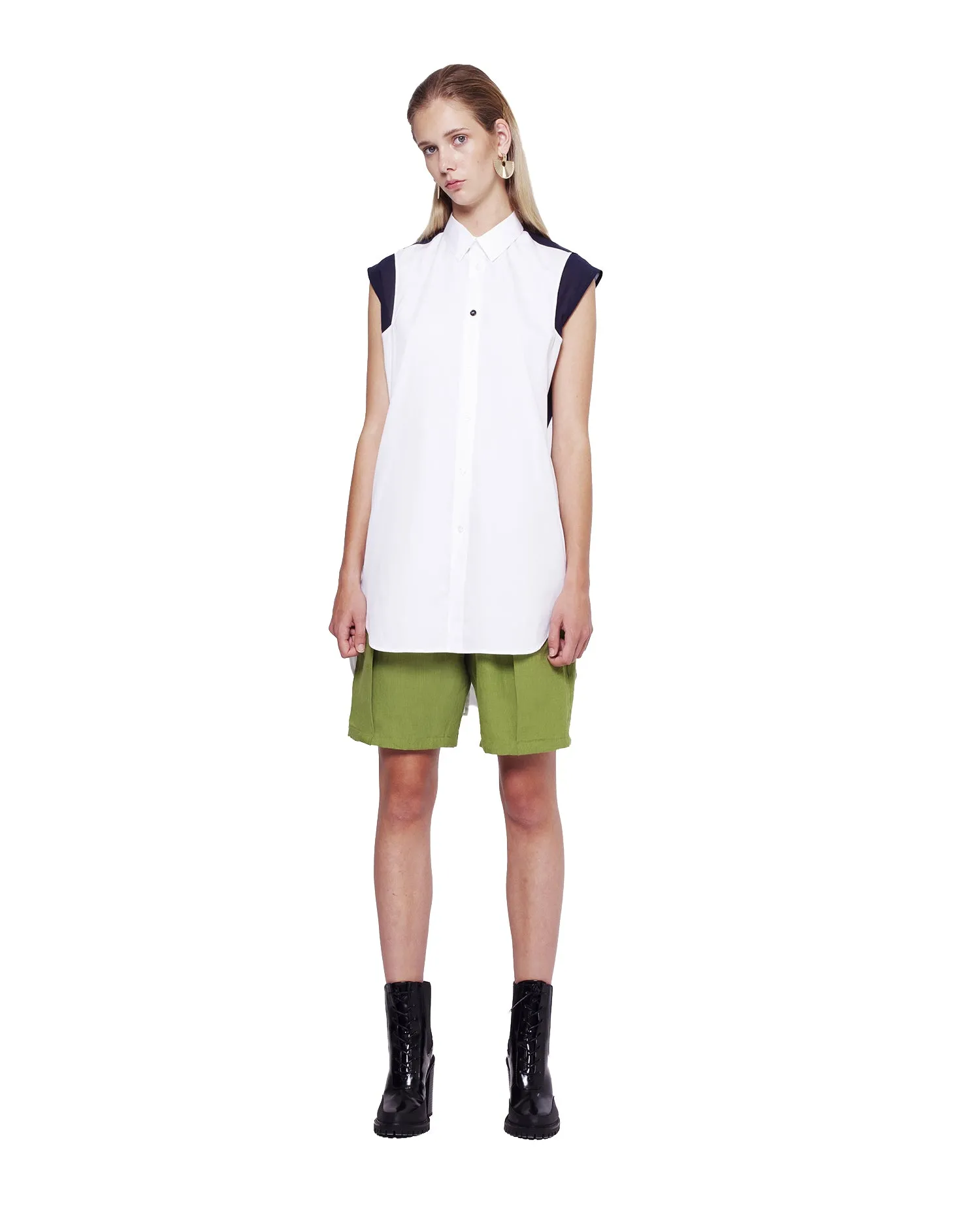 Sleeveless Shirt with Chiffon Detail - Navy
