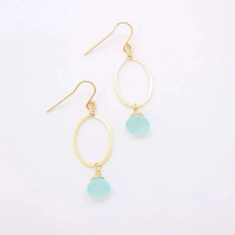 Small Forged Oval Earrings with Aqua Chalcedony