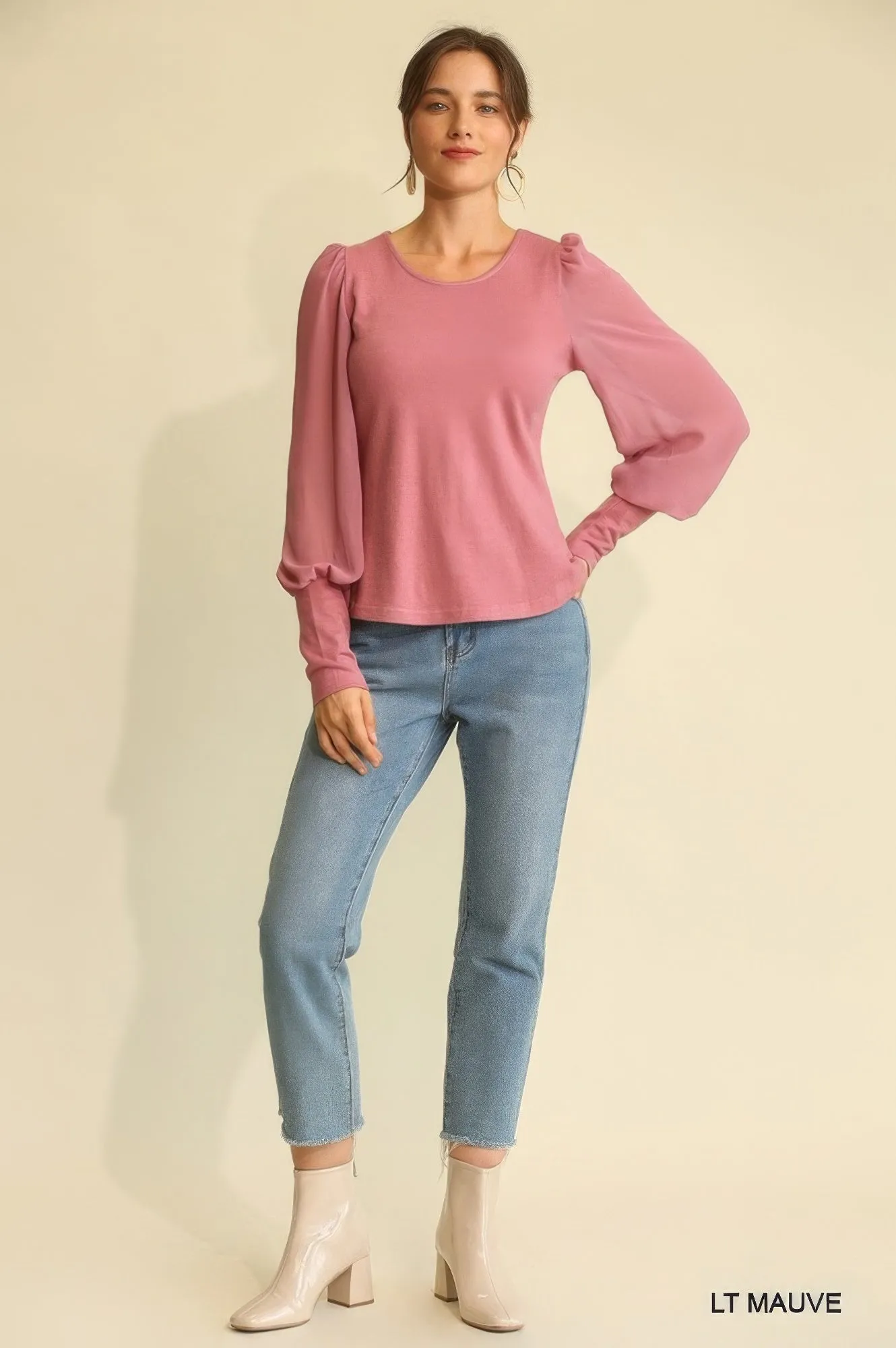 Soft Knit and Chiffon Mixed Top with Puff Long Sleeves