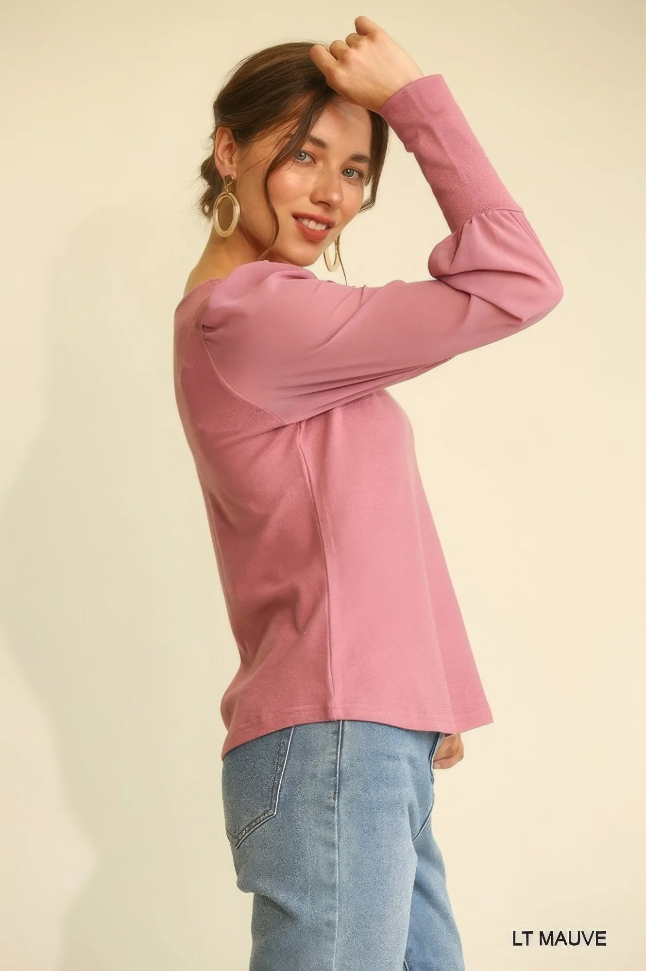 Soft Knit and Chiffon Mixed Top with Puff Long Sleeves