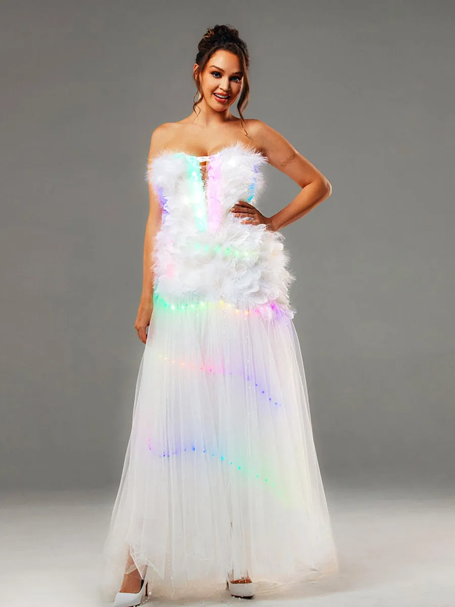 Strapless A Line Wedding Dress Feather With LED Lights Up