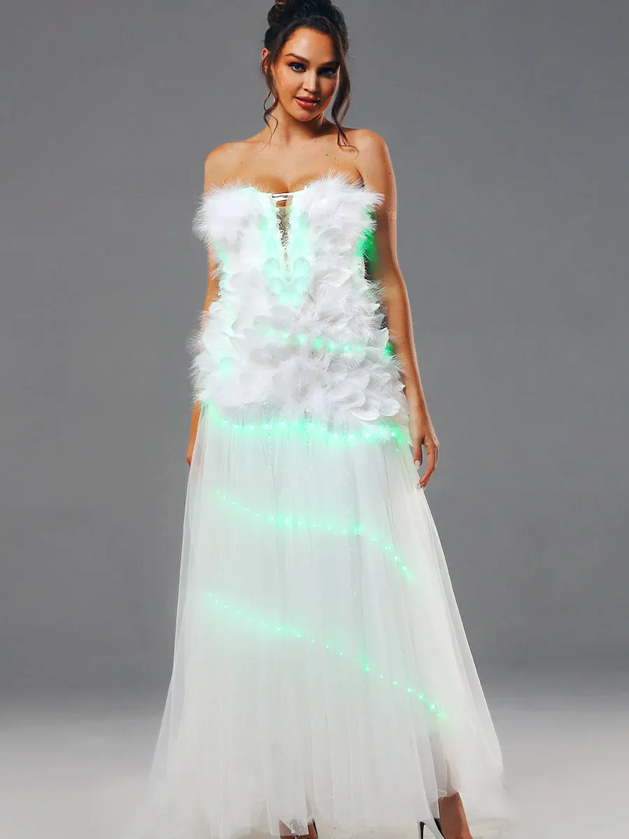 Strapless A Line Wedding Dress Feather With LED Lights Up