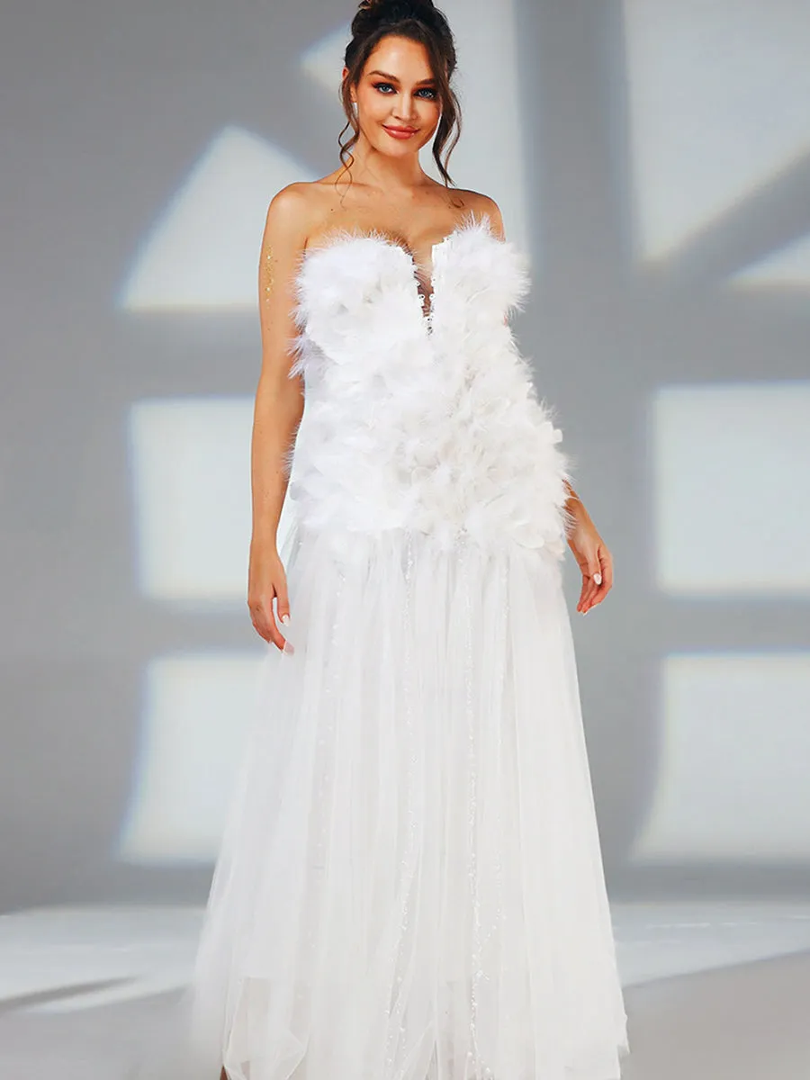 Strapless A Line Wedding Dress Feather With LED Lights Up