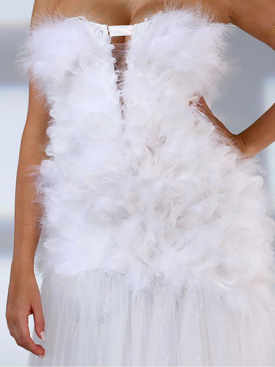 Strapless A Line Wedding Dress Feather With LED Lights Up