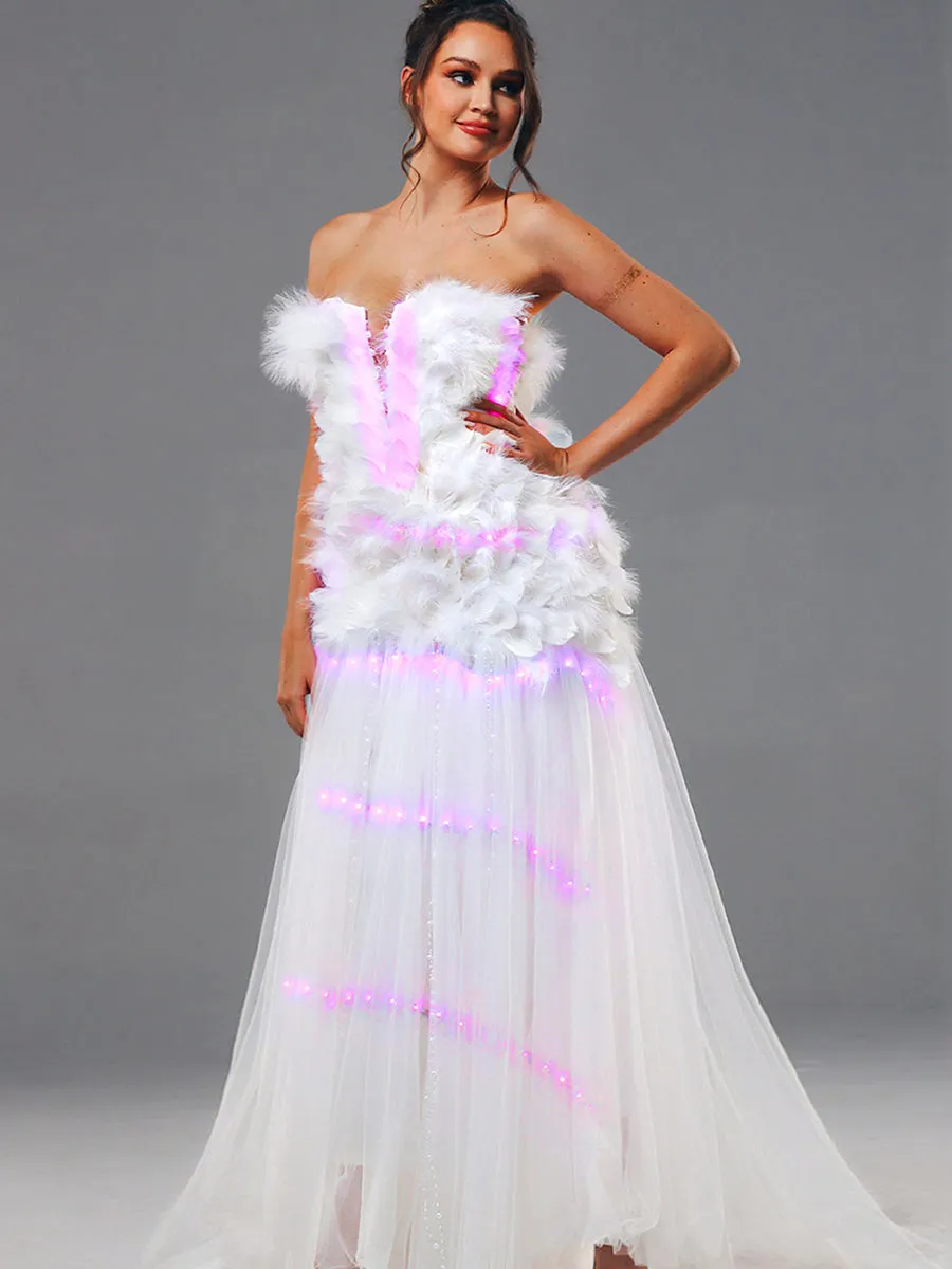 Strapless A Line Wedding Dress Feather With LED Lights Up