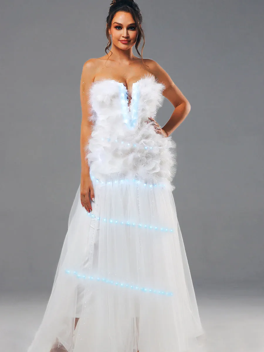 Strapless A Line Wedding Dress Feather With LED Lights Up