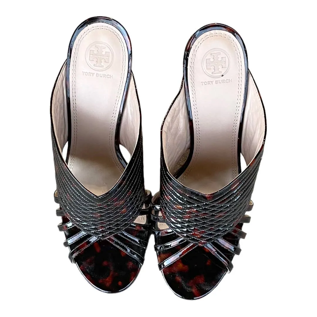 Tory Burch Brida Tortoise Patent Slides Heels Shoes Size 11