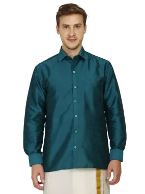 Traditional Raw Silk Shirt for men - full sleeve (Green) - 90028A