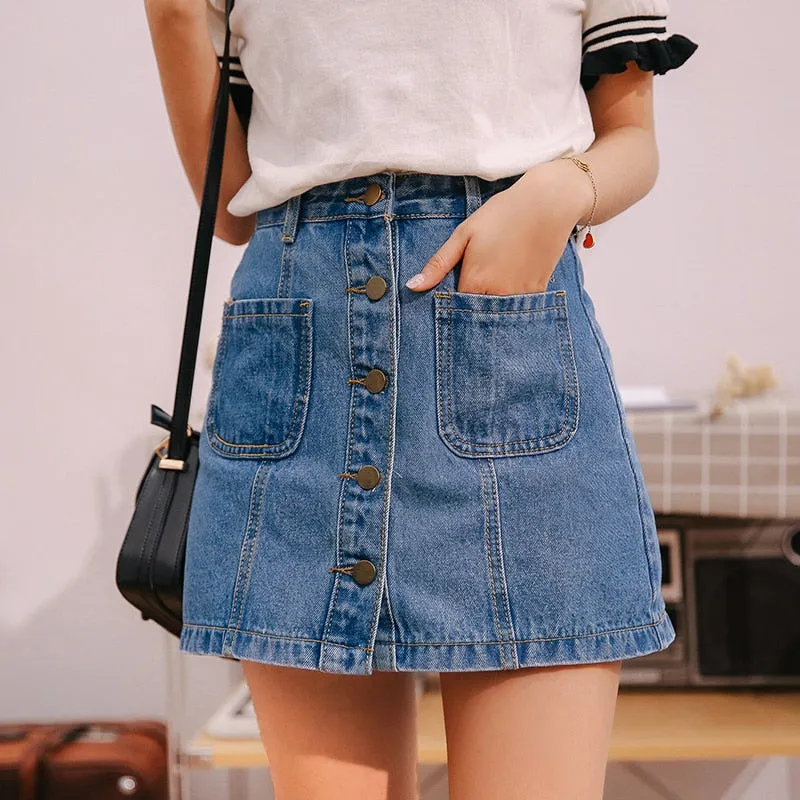 VenusFox High Waist  A-line Mini Denim Pockets Skirt