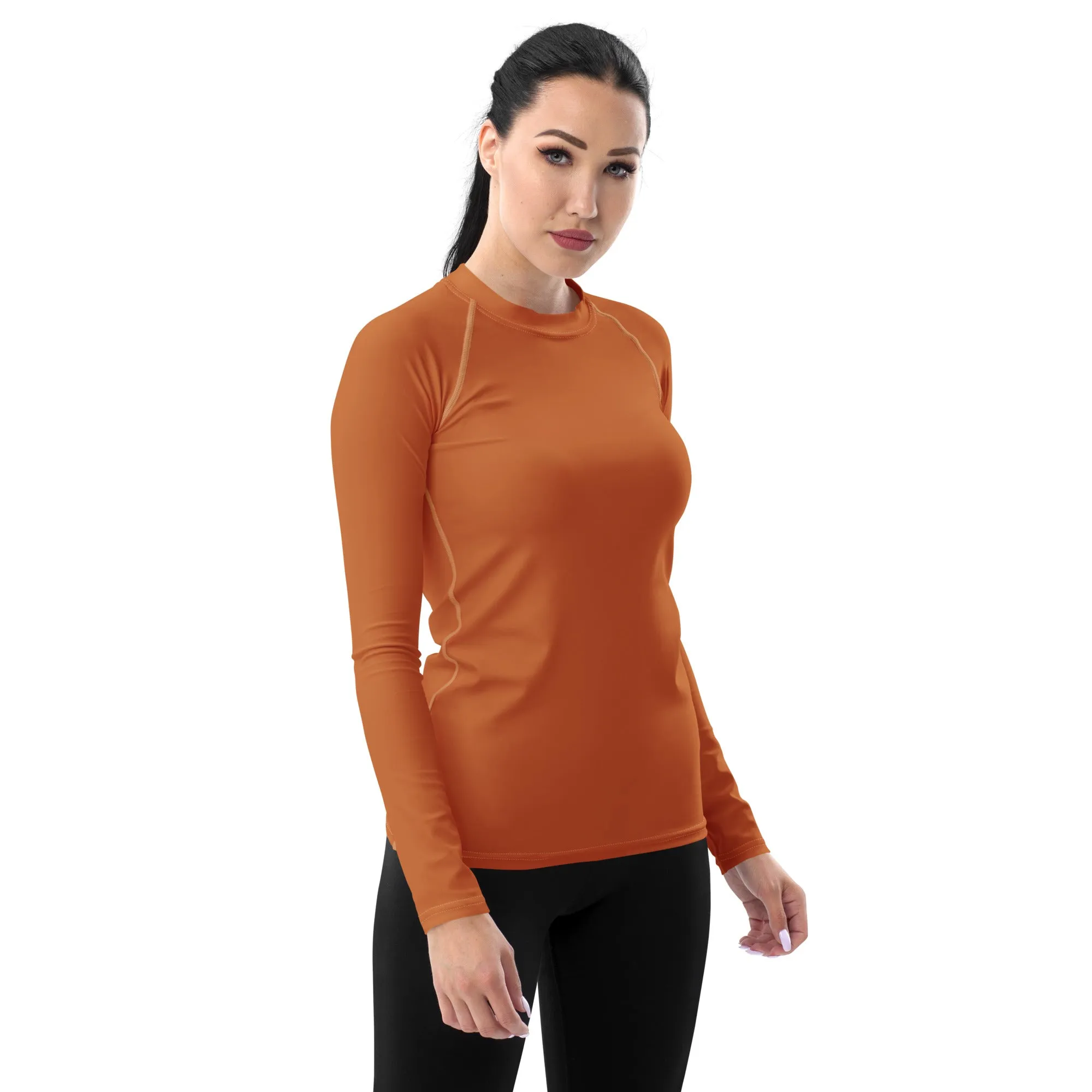 Versatile Vibes: Solid Color Long Sleeve Rash Guard for Women - Raw Sienna