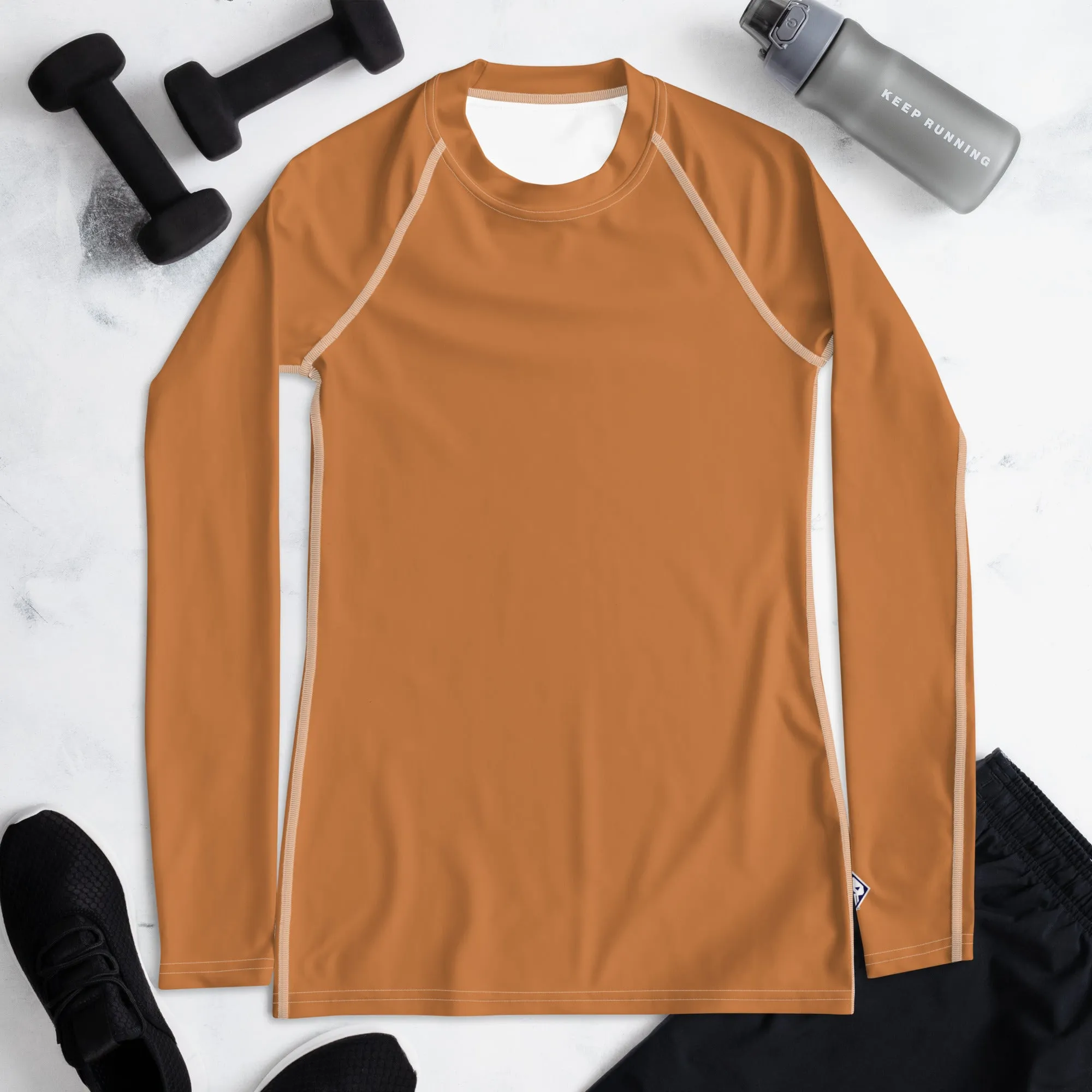 Versatile Vibes: Solid Color Long Sleeve Rash Guard for Women - Raw Sienna