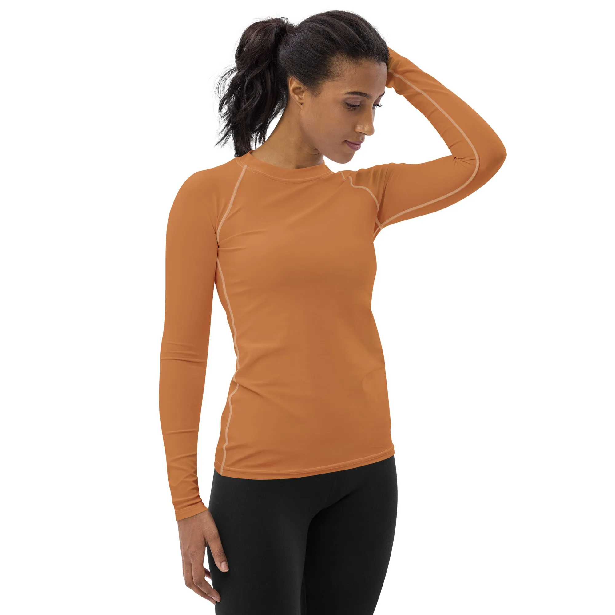 Versatile Vibes: Solid Color Long Sleeve Rash Guard for Women - Raw Sienna