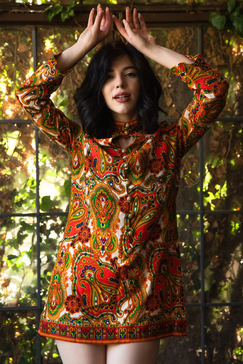 Vintage 1960s Bright Psychedelic Paisley Print Mini Dress with Bell Sleeves - Medium