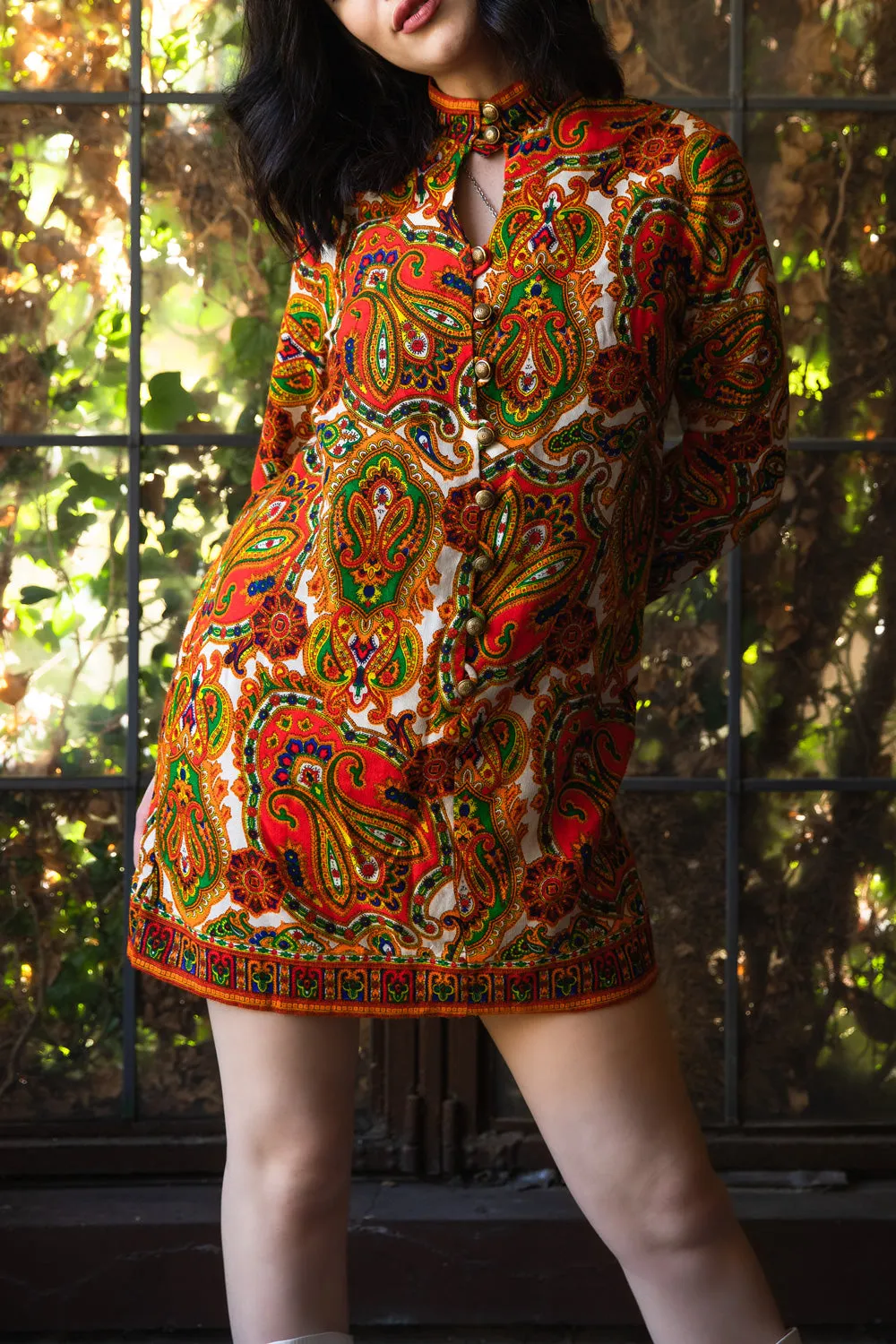 Vintage 1960s Bright Psychedelic Paisley Print Mini Dress with Bell Sleeves - Medium