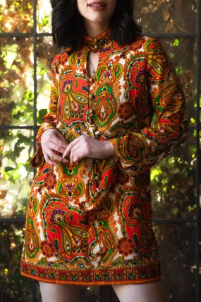 Vintage 1960s Bright Psychedelic Paisley Print Mini Dress with Bell Sleeves - Medium