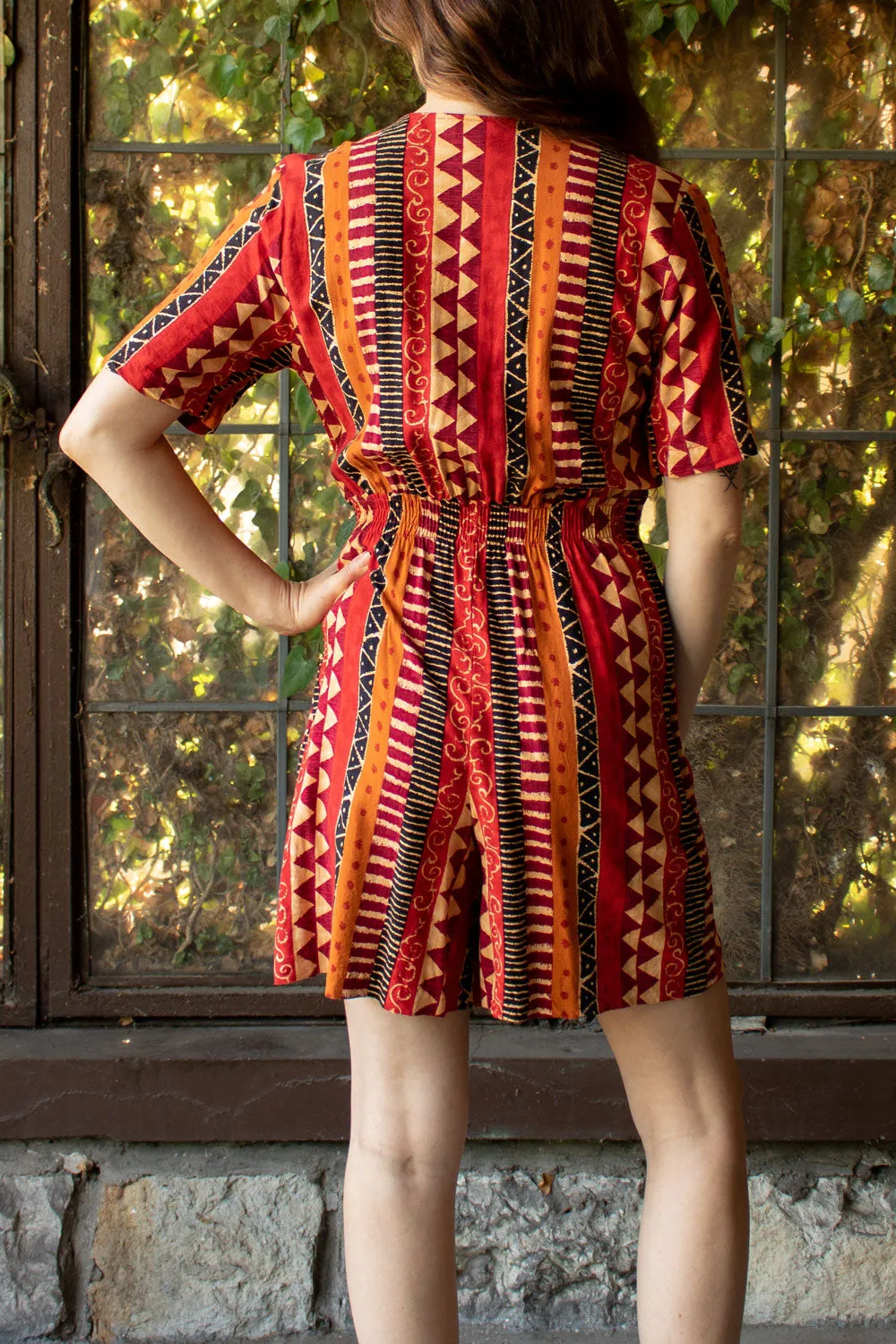 Vintage 1980s Red & Tan Short Sleeve Romper with Wood Buttons - SM/MD