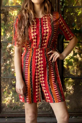 Vintage 1980s Red & Tan Short Sleeve Romper with Wood Buttons - SM/MD