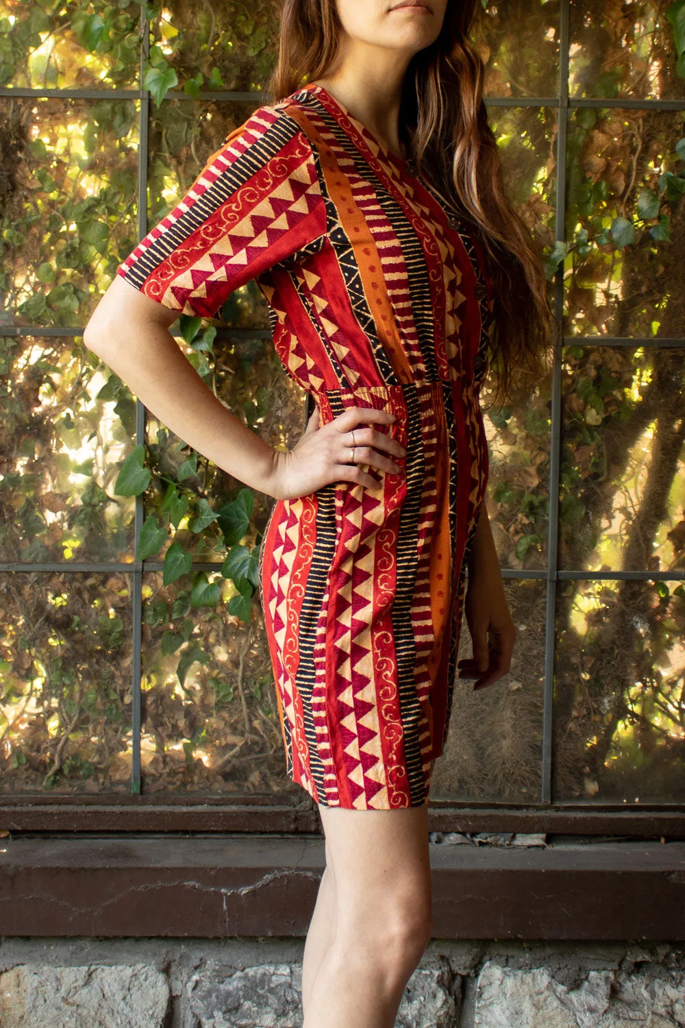 Vintage 1980s Red & Tan Short Sleeve Romper with Wood Buttons - SM/MD