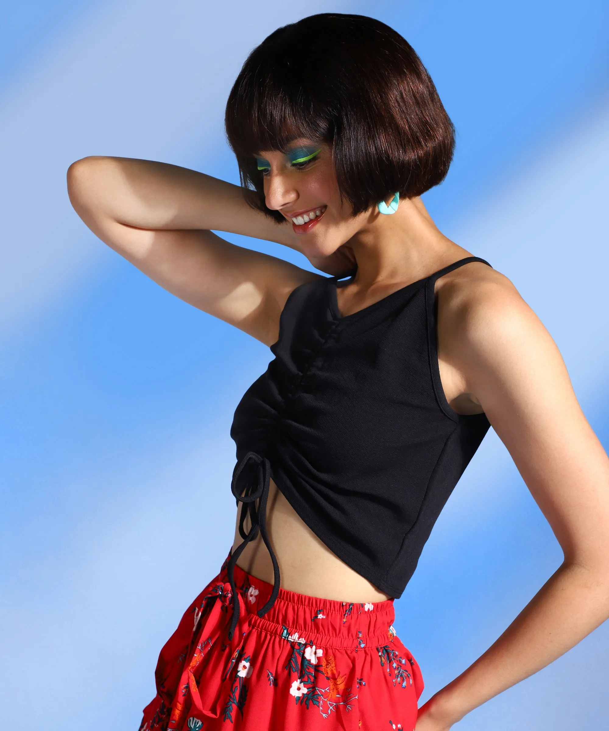 Women Black Colour V-Neck Solid Fitted Top